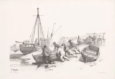 Men Push Rowboat From Land To Water