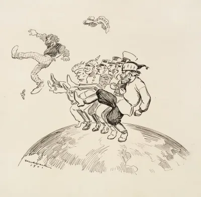 Men Representing Several European Countries Dance A Kick Line Together To Kick Out A Man Representing Anarchy