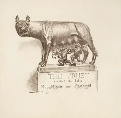 Men Representing The Democratic And Republican Parties Suckled By A Wolf Representing The Trusts