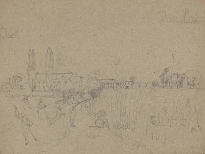 Men With Rifles Possibly A Duck Hunting Party On The Embankment Of A River With Marsh Grasses Along The Shore