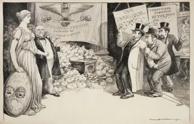Men With Signs Reading Theatrical Trust And Theatrical Syndicate Of The Jews Are Frightened By The Approach Of A Woman Representing Drama