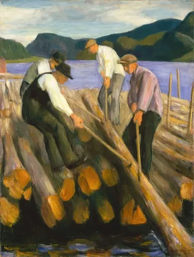 Men Working On A Timber Boom