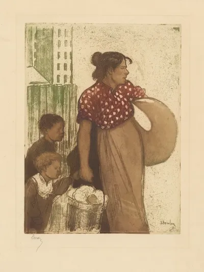 Menagere Et Enfants Rentrant Du Lavoir