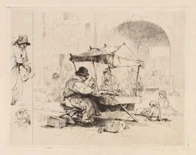 Merchant In His Stall With Children Playing
