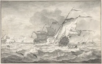 Merchant Ships And Smaller Sailing Boats In A Strong Breeze Dolphins In The Waves