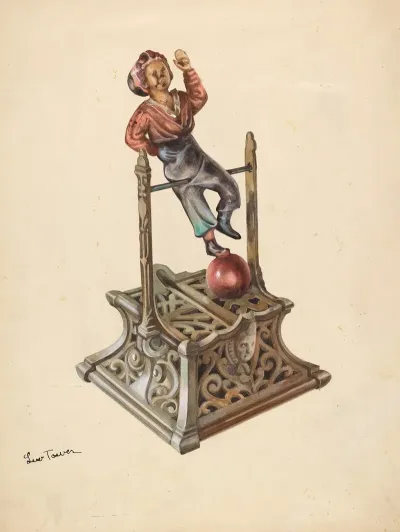Metal Toy Bank Boy On Bar
