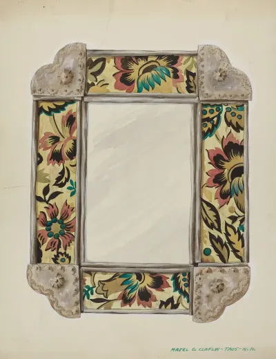 Mirror Framed With Wall Paper Panels Bordered In Tin