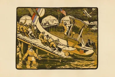 Mise A Leau Dun Hydravion Escadrille Americaine Du Cap Ferret Launching An Seaplane Part Of The American Flotilla At Cape Ferret