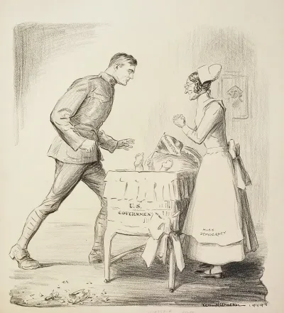 Miss Democracy Depicted As A Nurse Tends To A Baby Representing Prohibition In A Crib Representing The United States Government
