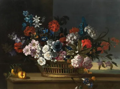 Mixed Flowers In A Basket Beside Peaches On A Table A Landscape Beyond