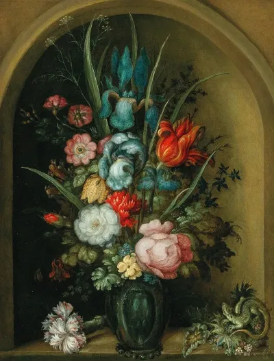 Mixed Flowers In A Glass Vase With A Lizard Nearby