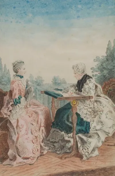 Mme Laleu A Son Metier A Tapisserie Et Mlle Melin Travaillant Dans Un Jardin
