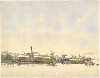 Molens Molens Aan De Zaan Met Rechts Een Fabriek Met Rokende Schoorsteen