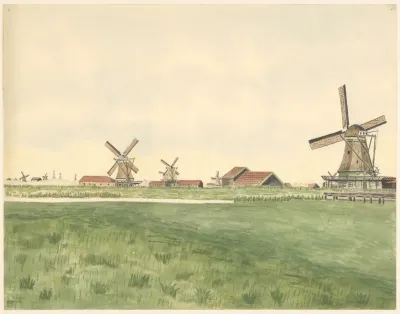 Molens Oliemolen De Prolpot Aan De Kalverringdijk Verbrand 1917 Met Andere Molens Links Op De Ahctergrond Scheepsmasten