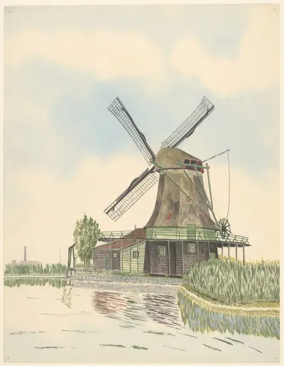 Molens Oliemolen De Wind Kalverringdijk Verbrand 1914 Geheel Links Een Fabriek Met Schoorsteen