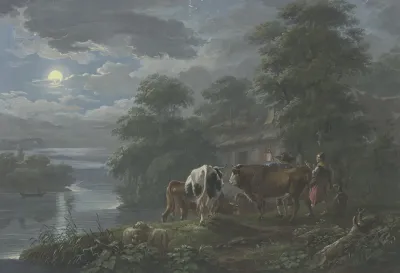 Mondscheinlandschaft An Einem Flus Hirte Und Hirtin Treiben Das Vieh Zum Hof