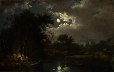 Mondscheinlandschaft Mit Fischern Am Lagerfeuer