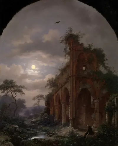 Monk Meditating Near A Ruin By Moonlight