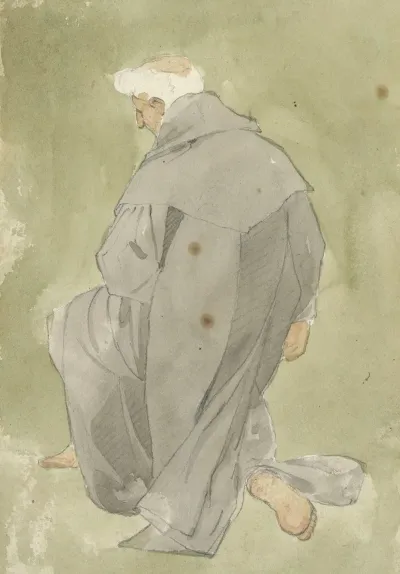 Monk Or Cleric With White Hair And Grey Robe Kneeling Back View
