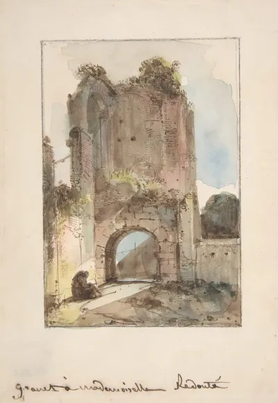 Monk Seated Before A Ruined Gateway