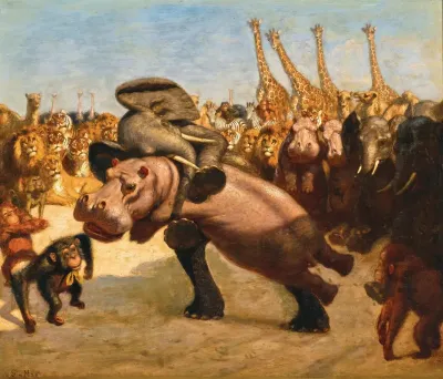 Monkeys As Referees In The Fight Between An Elephant And A Hippopotamus