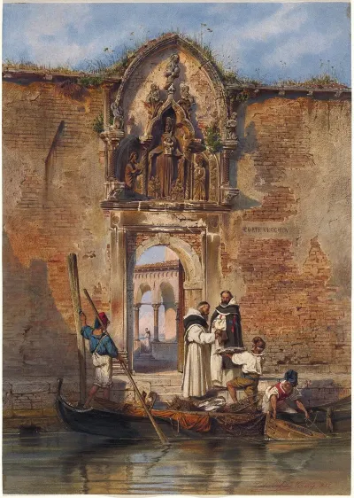 Monks Buying Fish Before The Portal Of The Madonna Della Misericordia
