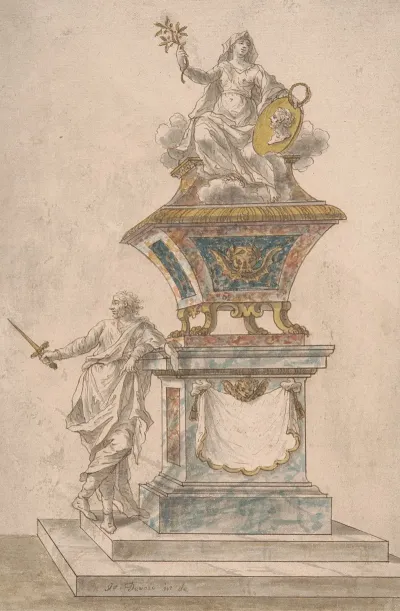 Monument Peace Seated Upon An Urn A Man With Drawn Sword Standing On The Base Of The Monument