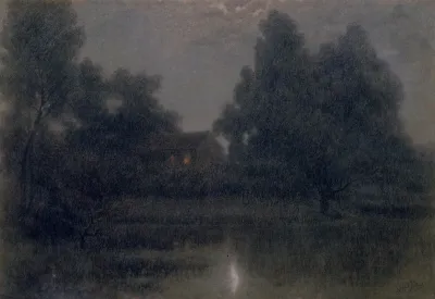 Moonlight Scene With House Lake And Trees