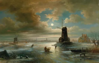 Moonlit Night In Winter Outside Amsterdam
