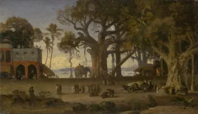 Moonlit Scene Of Indian Figures And Elephants Among Banyan Trees Upper India Probably Lucknow