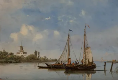 Moored Fishing Boats With Windmills In The Background
