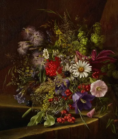 Morning Glory Daisies Red Currants And Other Fruits And Flowers On A Ledge