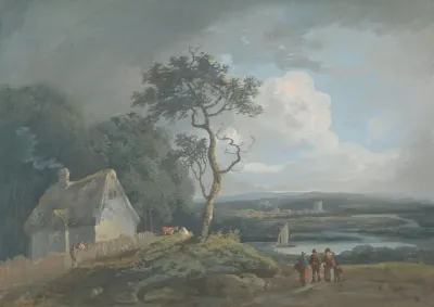Morning River Scene With Figures Near A Cottage
