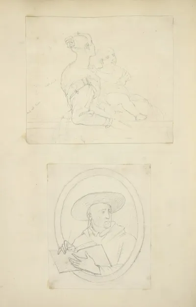 Mother And Baby Man In Wide Brimmed Hat Holding A Sketchbook