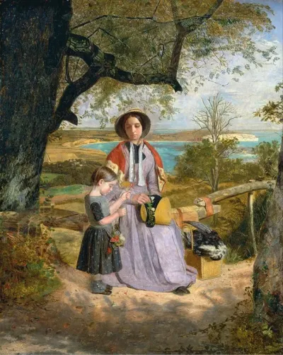 Mother And Child By A Stile With Culver Cliff Isle Of Wight In The Distance
