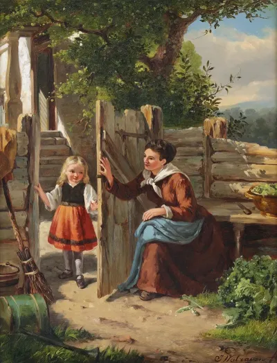 Mother And Child In A Cottage Garden