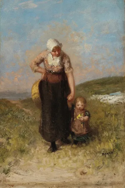 Mother And Child Strolling In The Dunes