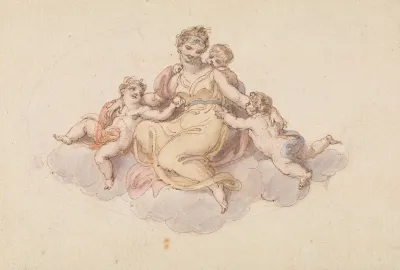Mother And Children Seated On Cloud