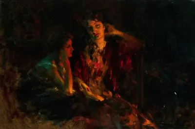 Mother And Daughter In The Glow Of The Stove