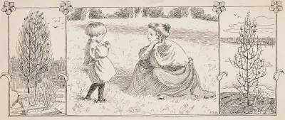 Mother And Small Child In A Meadow Next To Wooden Subjects
