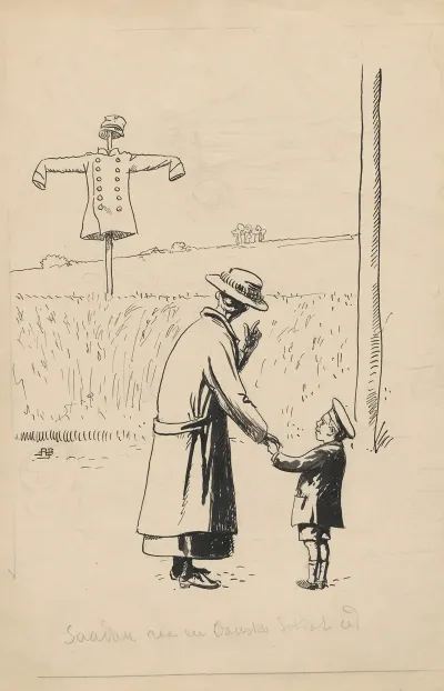 Mother And Son Look At A Scarecrow In Uniform