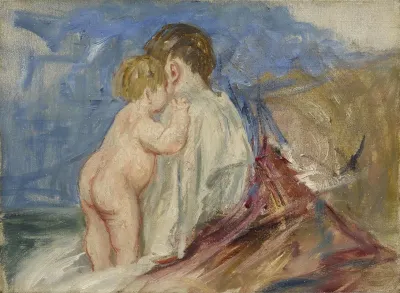 Mother Seated With Baby Standing Next To Her In A Landscape