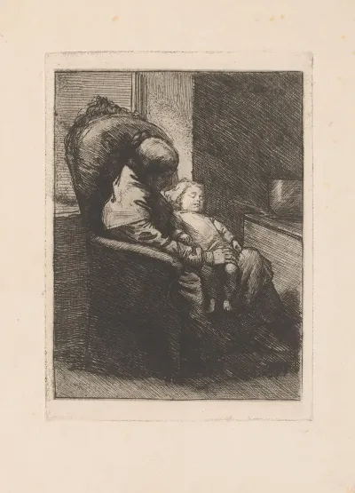 Mother Sitting In A Chair With A Sleeping Child On Her Lap