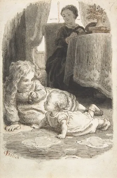 Mother Watching Over Two Young Children Playing