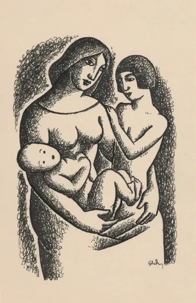 Mother With Two Children In Her Lap