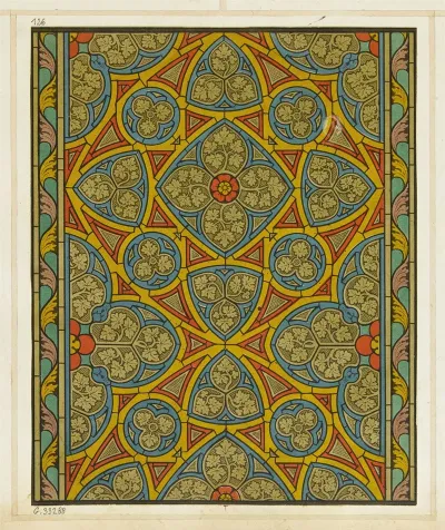 Motifs De Vitrail Partie Centrale Dune Fenetre Trilobes Et Quadrilobes Entrelaces Fond Jaune