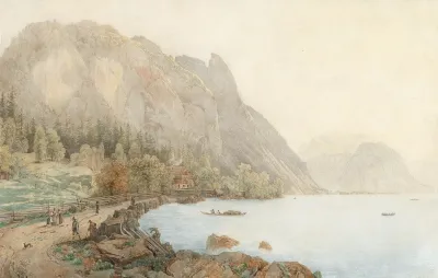 Motiv Vom Attersee Mit Dem Hollengebirge Und Figurlicher Staffage