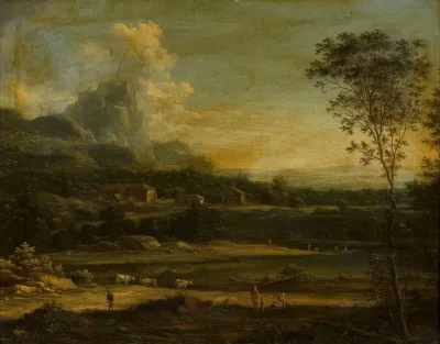 Mountain Landscape With A Lake And Buildings