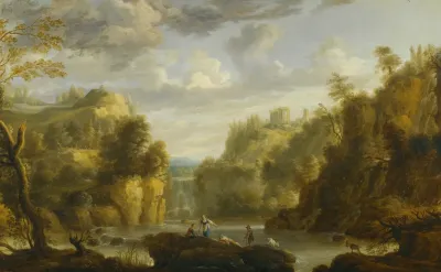 Mountain Landscape With A Waterfall And A Capriccio View Of The Forums And Temple Of Vesta At Tivoli