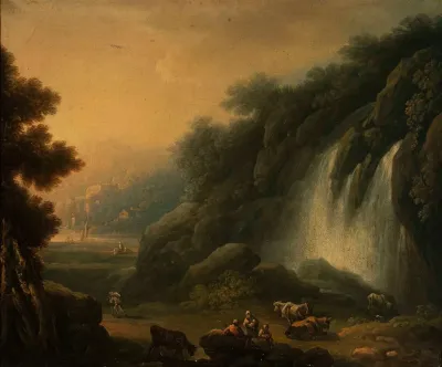 Mountain Landscape With A Waterfall And Staffage